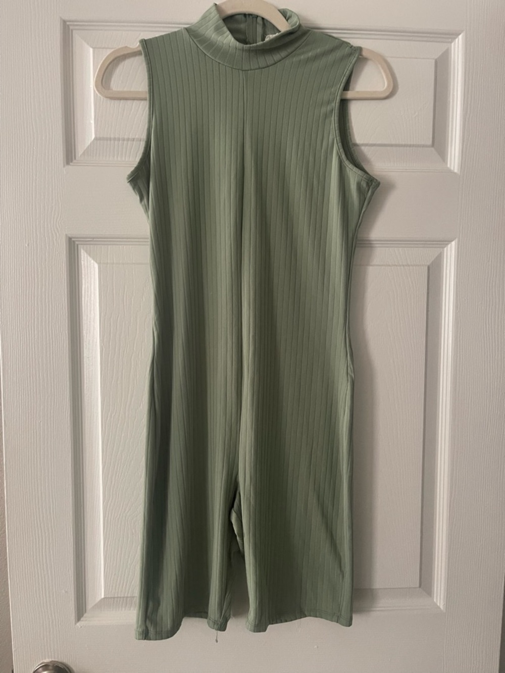 Sleeveless Mock Neck Ribbed Jumpsuit in Sage Green